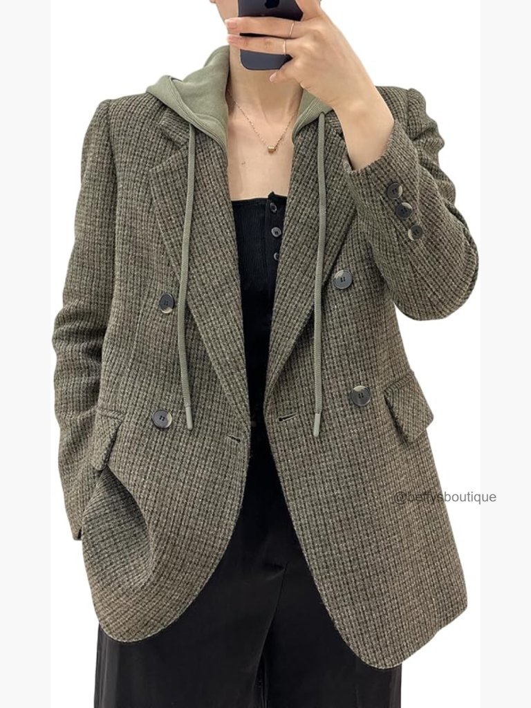 Oversized Hooded Blazer Jacket Lightweight Double-Breasted Work Casual